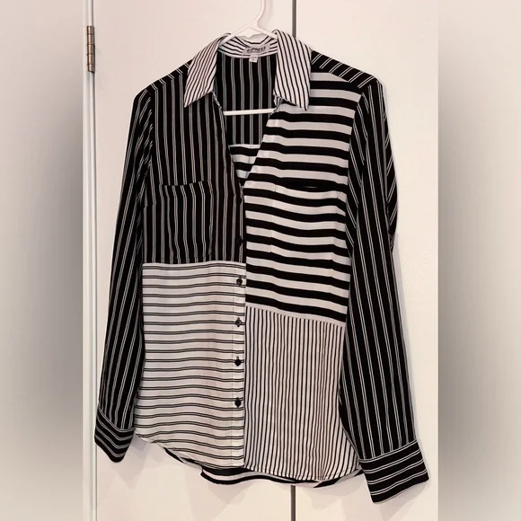Express Black and White Asymmetrical Button Down Shirt. Size SP - Picture 2 of 8